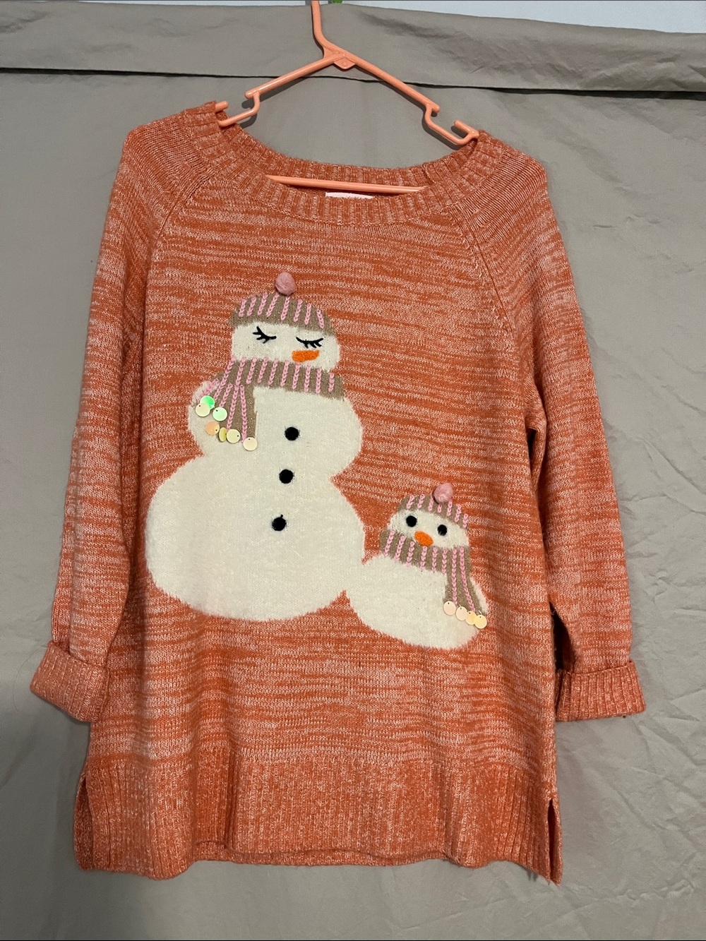 LC Lauren Conrad Orange Crewneck Sweater with Snowman Motif